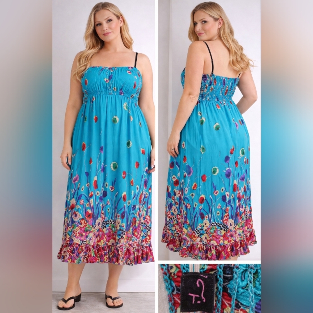 Plus-Size Turquoise Floral Maxi Dress with Smocked Bodice